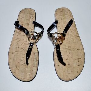 MICHAEL KORS MK Logo Cork T Strap   Black Sandals Size 8M